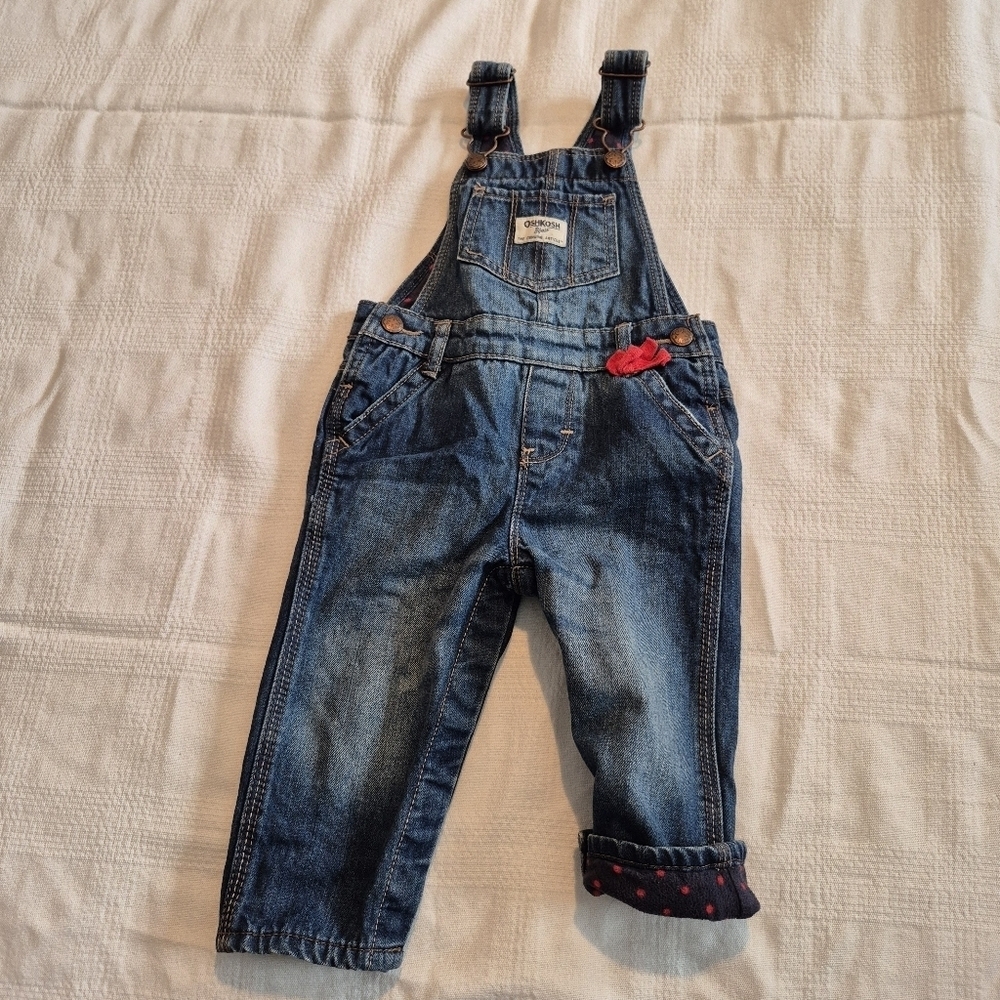 Oshkosh girls 12 months polka dot fleece lined overalls, distressed look VGUC